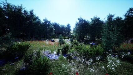 A tranquil forest scene showcases lush greenery and colorful wildflowers under a clear blue sky. Sunlight filters through tall trees, creating a peaceful, serene atmosphere.
