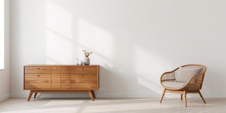 Living room interior with wooden commode and wicker armchair, furniture arrangement for relaxed seating, World Furniture Day