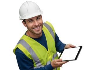 Construction worker smiles while holding tablet in safety gear at a construction site