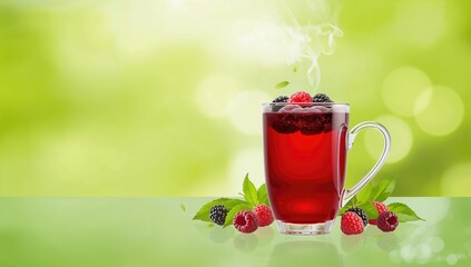 A cup of red fruit tea on bright background, suitable for layout backgrounds or text overlay design