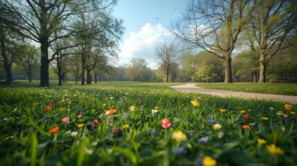 Obraz premium Spring Park Meadow with Bright Green Grass and Colorful Mini Wildflowers