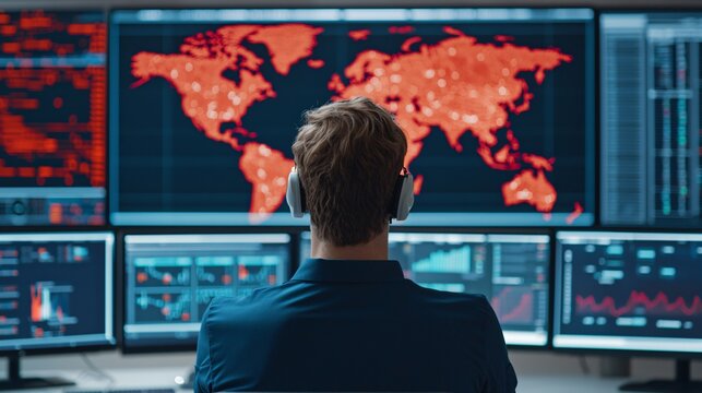 Global export logistics control room with large world map and rising trade analytics graph overlay. - Powered by Adobe