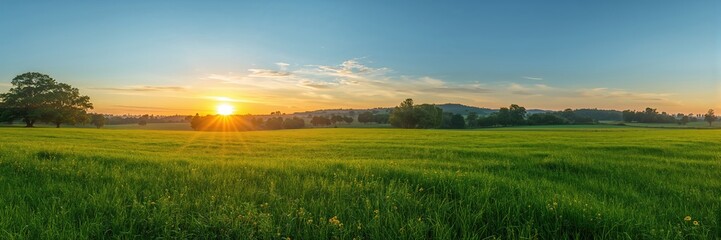 Obraz premium Sunrise over a lush green grass field, ideal for outdoor activities and recreation, Earth Day