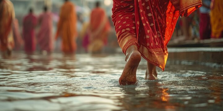 Pilgrims walking in the holy water at maha kumbh mela in india