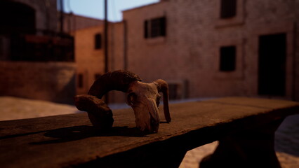 Fototapeta premium A unique sculpture made from animal bones rests on a weathered wooden table. The backdrop features rustic village buildings bathed in the soft glow of twilight, creating a serene atmosphere.