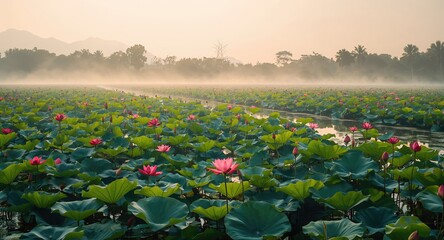 Red lotus flowers blooming on the water surface, ideal for background and layout design purposes, Earth Day