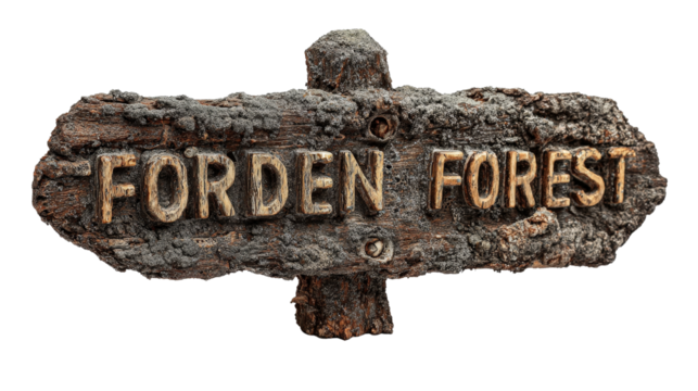 Creepy signpost with carved letters "Forbidden Forest," Transparent background, PNG file - Powered by Adobe