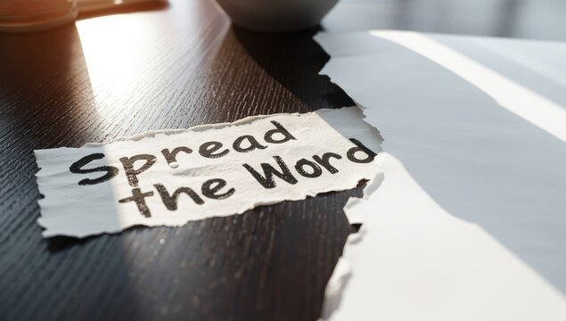 Torn paper with text on dark desk illuminated by sunlight, ideal for editorial header backgrounds