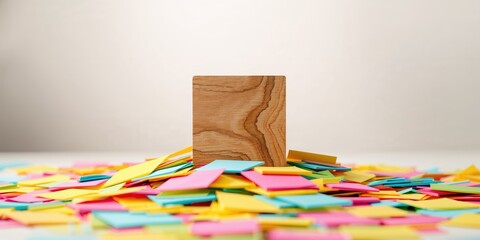 Wooden block resting on a vibrant sticky note, serving as a background element for creative planning sessions