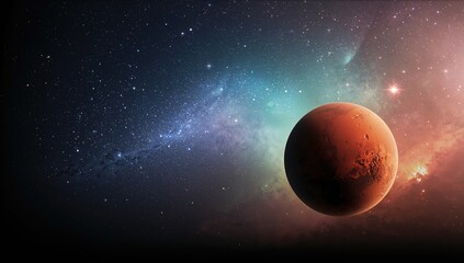 Fototapeta premium Mars, the red planet of the solar system set against a colorful starry sky, emphasizing planetary composition and atmospheric conditions