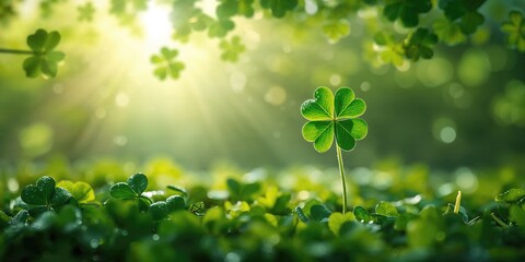 Unique four leaf clover discovery in a lush field of clovers, symbolizing luck and prosperity, St Patrick's Day