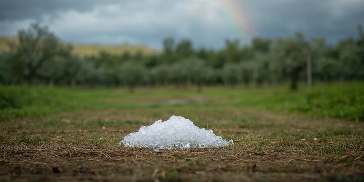 Close-up of hail on dry grass under a cloudy sky with a rainbow and olive grove in the background, weather impact awareness