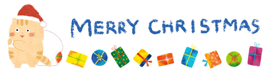 ねこのサンタクロースとプレゼント　飾り罫　クレヨンタッチ