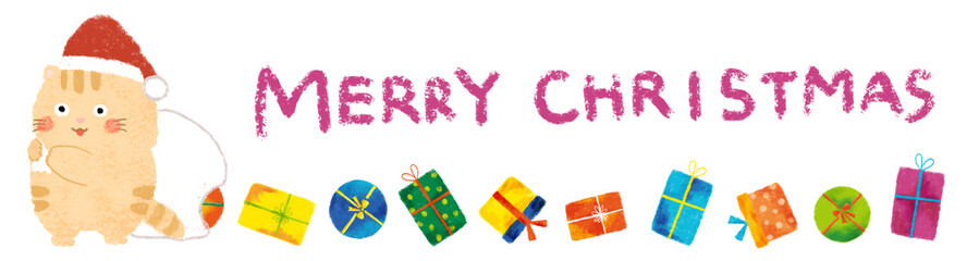 ねこのサンタクロースとプレゼント　飾り罫　クレヨンタッチ