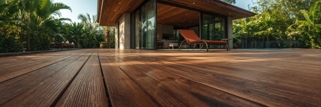 Ipe wood deck for modern home exterior with wooden patio, tropical hardwood flooring from a low perspective