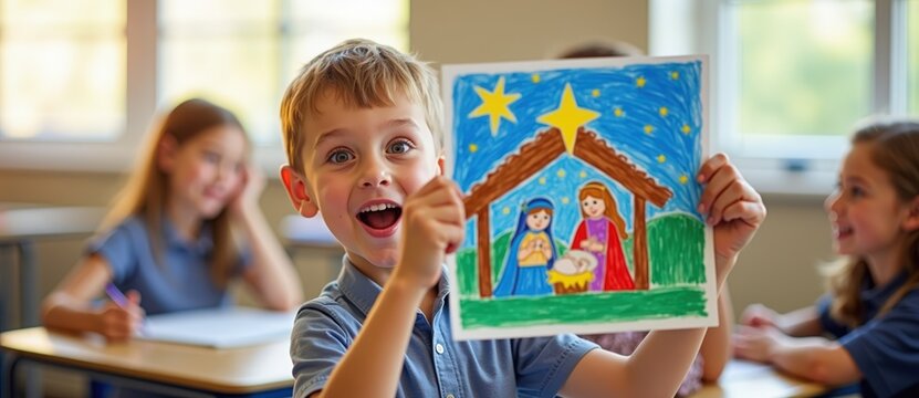 Proud elementary school boy showing his colorful Christmas Nativity drawing in art class. Happy child excited about his handmade artwork and religious education