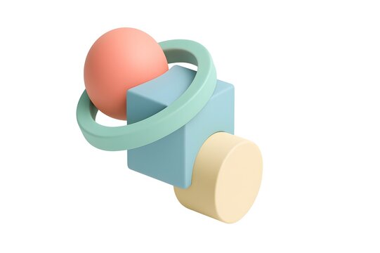 Pastel colored geometric shapes including a sphere cube ring and cylinder on white background - Powered by Adobe