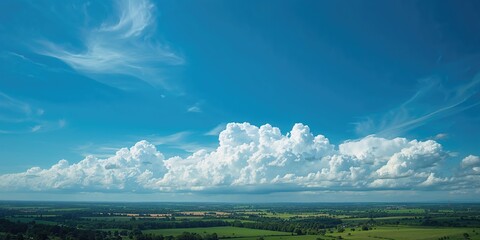 Expansive blue sky above a scenic landscape with dramatic clouds, ideal for background or layout design