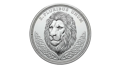 Close-up of a silver coin, featuring a regal lion's head, surrounded by ornate details