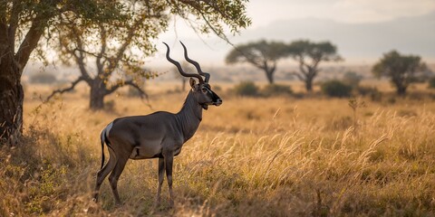 Obraz premium Portrait of a Greater Kudu in natural habitat, emphasizing wildlife conservation awareness