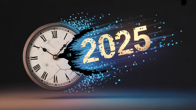 Conceptual image representing the transition from time passing, symbolized by an antique clock face dissolving into digital particles forming the year 2025, signifying the arrival of the new year