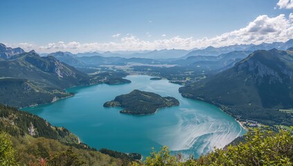 Obraz premium View from the zwolferhorn mountain overlooking Wolfgangsee in Austria, scenic landscape for travel promotion