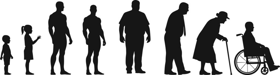 Silhouette of human life stages, childhood to old age, walking, cane, wheelchair, aging process, development, mobility, timeline, growth