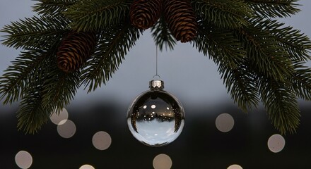 A reflective silver christmas ornament hangs from a festive pine branch with natural pinecones, complemented by a soft, blurred background of twinkling lights, capturing the holiday spirit