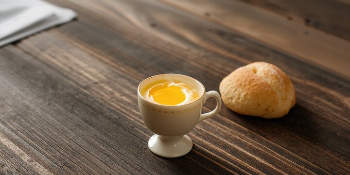 Soft boiled egg served on wooden table with bread and newspaper, emphasizing breakfast meal preparation, World Food Day - Powered by Adobe