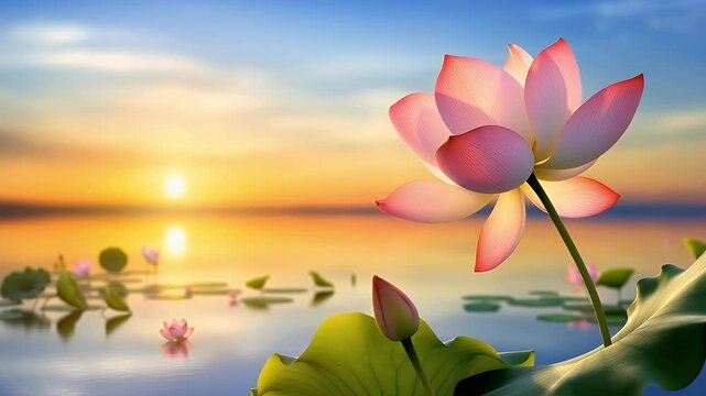 Serene lotus blooming at sunrise on tranquil water, peaceful nature scenery