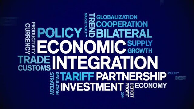 Economic integration animated word cloud-text design animation tag kinetic typography seamless loop.