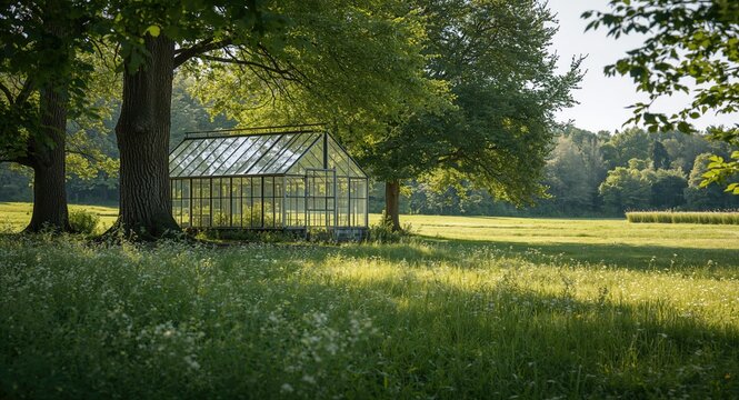 Green house garden with trees, serving as a background for botanical research and plant growth studies