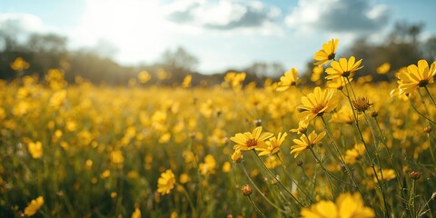 Fototapeta premium Yellow Cosmos flowers in full bloom under bright sunshine, ideal for floral background design
