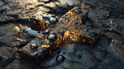 A wet cross on a rocky surface with dramatic golden light. A religious symbol of faith, hope, and spirituality. Christianity and resurrection concept