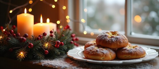 Cozy Christmas holiday scene with fresh baked buns and lit candles. Festive winter decoration on a snowy windowsill. Hygge and comfort food concept
