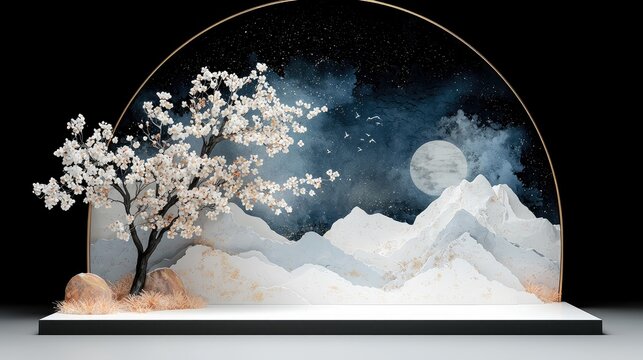 A stylized scene featuring a blooming cherry blossom tree, snow-capped mountains, a full moon, and a starry night sky within a circular frame. - Powered by Adobe