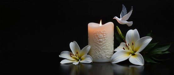 A lit memorial candle with white lily flowers and a dove. Sympathy and condolence card concept. Funeral background with copy space