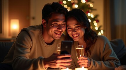 A smiling couple taking a selfie while celebrating indoors with warm holiday lights, champagne glasses, and a cozy festive atmosphere.