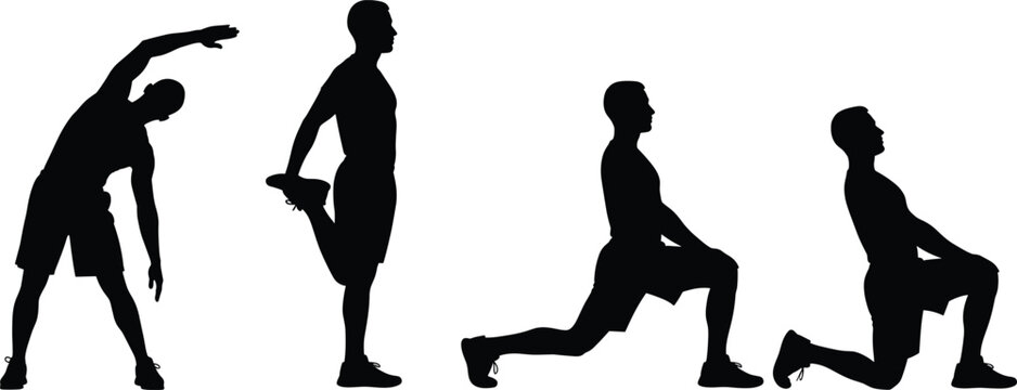 Silhouette of person doing stretching exercises, side bend, lunge, quadriceps stretch, hip flexor pose, fitness, flexibility, warm-up routine