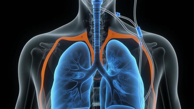Animated cross-section of human lungs with endotracheal tube and ventilation