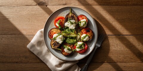 Grilled eggplants and tomatoes topped with pesto and melted cheese on a wooden plate, highlighting vegetable-based meals, World Food Day