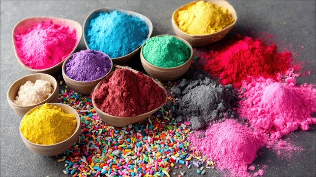 A collection of small wooden bowls filled with brightly colored powders, including pink, blue, green, yellow, purple, red, and gray. Sprinkles are scattered aro