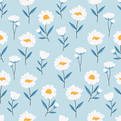 White flower pattern with blue leaves on a pastel light blue background. Seamless vector illustration suitable for fabric, paper, wallpaper, and textile design.
