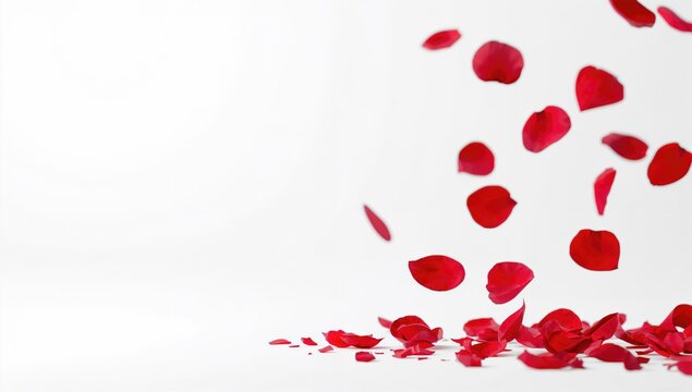 Red rose petals falling gently onto a plain background, suitable for floral arrangement planning, World Environment Day