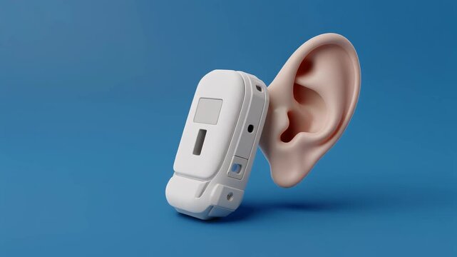 3D Animation of Cochlear Implant Processor Integrated with Human Ear on Blue Background