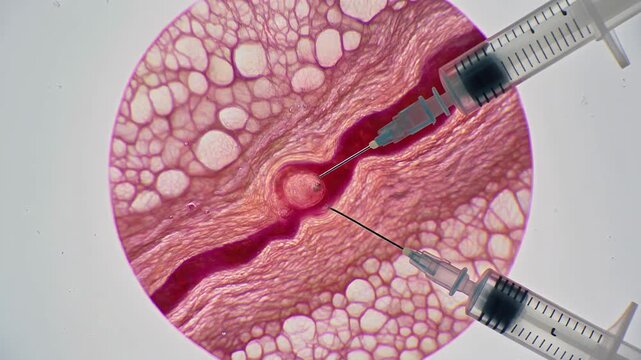 Microscopic view of collagen injections filling tissue, science, medical procedure