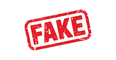 Bold red “FAKE” stamp icon with rounded rectangular border for fraud alerts, authenticity checks, and digital misinformation warnings 
