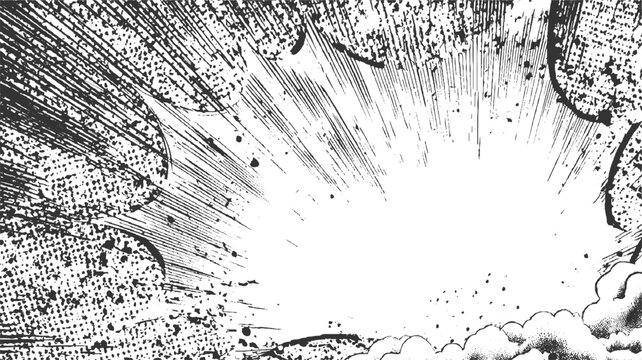 Black and white comic book explosion burst with speed lines and halftone dots vector