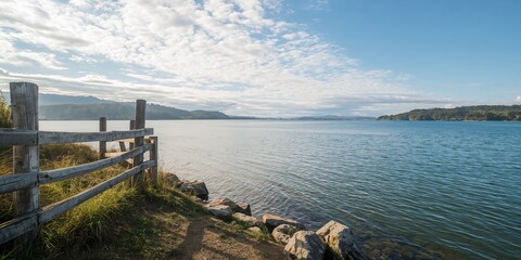 Scenic lake vista with a wooden fence and stones, emphasizing natural landscape preservation
