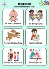 Action Verbs Worksheet Identifying and Underlining Verbs in Sentences with Illustrations